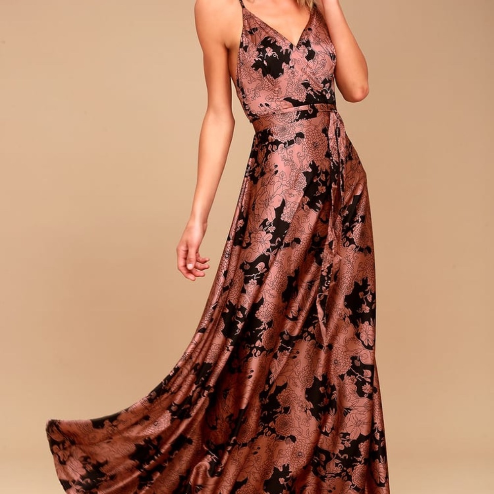 Lulus Maxi Dress Rusty Rose and Black Floral Satin